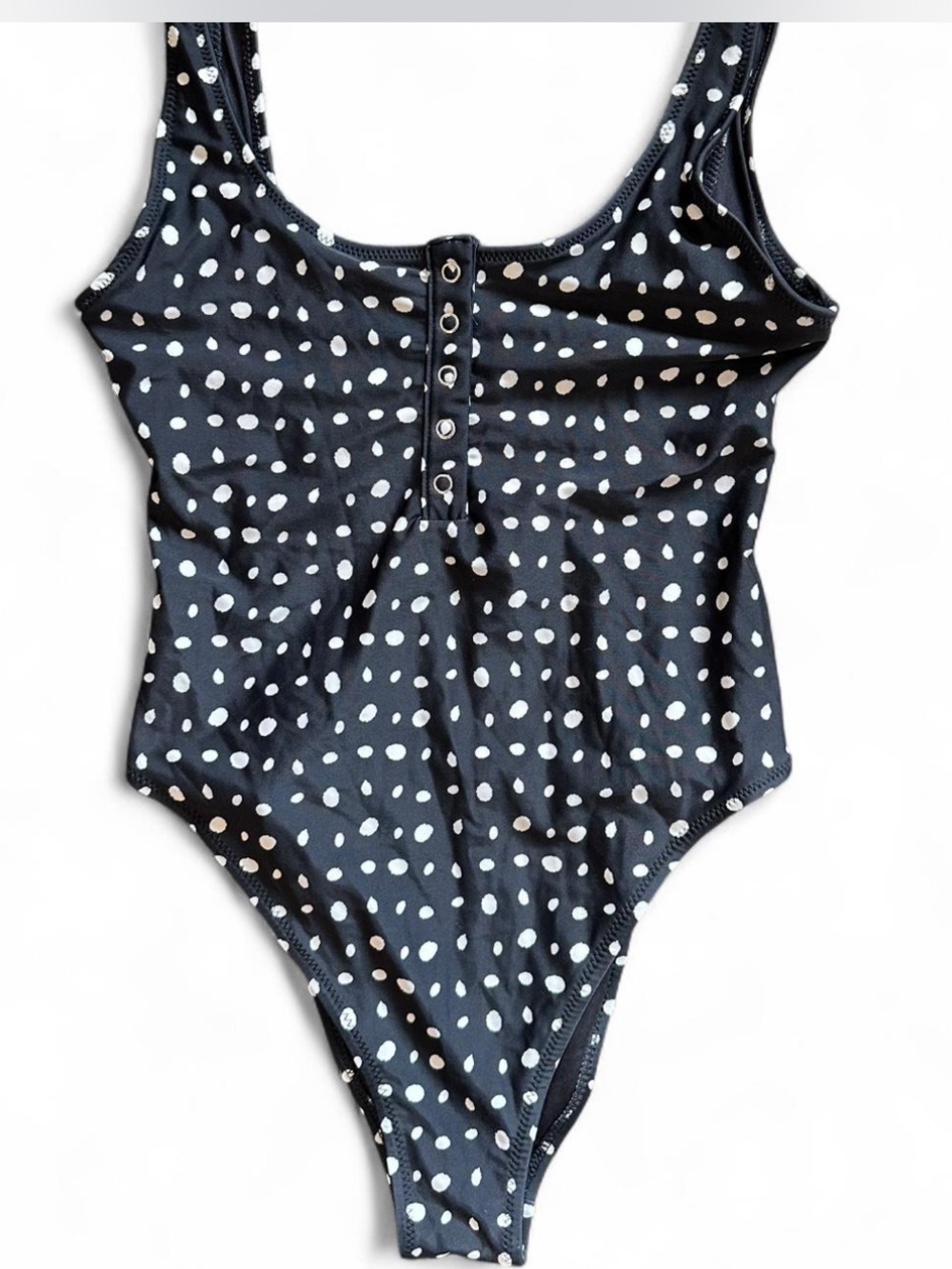 AERIE Cheeky Black White Dot Swimsuit with Snap Front Detail — S
